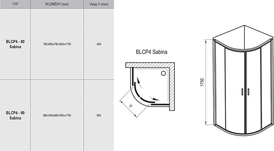Cabine de douche en quart de cercle, rabaissée Blix BLCP4 Sabina