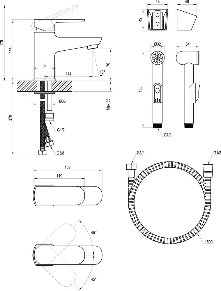 Mitigeur de lavabo/vasque avec douchette de bidet