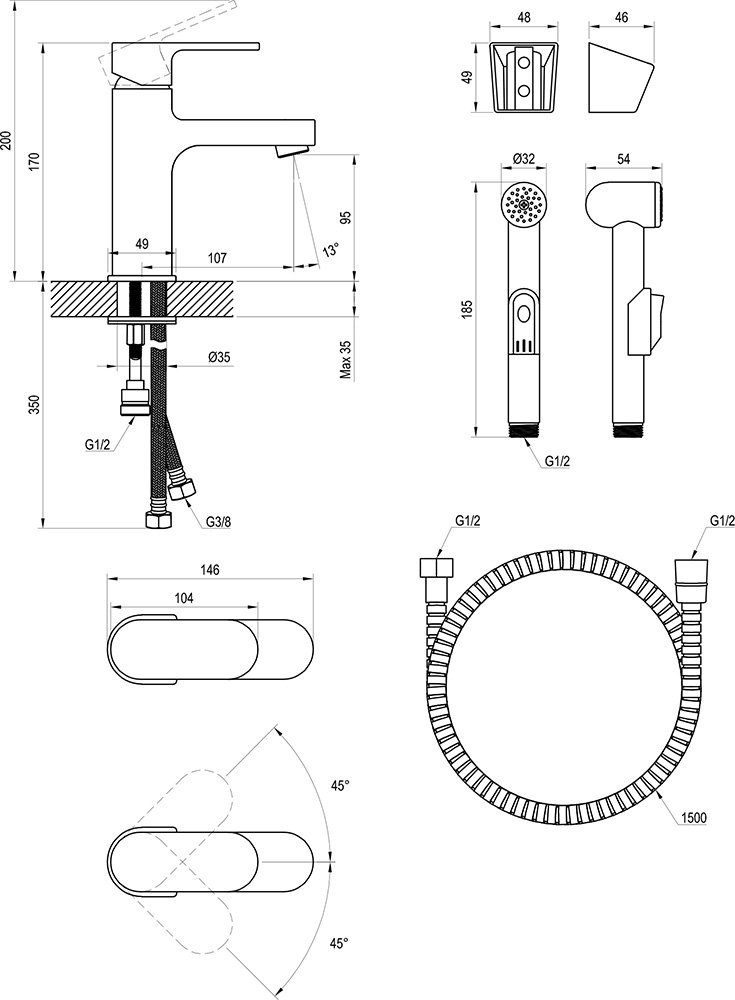 Mitigeur de lavabo sur pied avec bidet, sans bonde