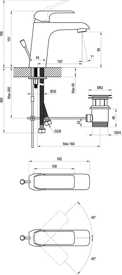 Mitigeur de lavabo sur pied Flat avec bonde