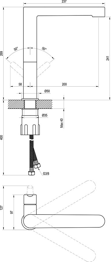 Mitigeur de lavabo/d’évier sur pied sans bonde Puri 269 mm