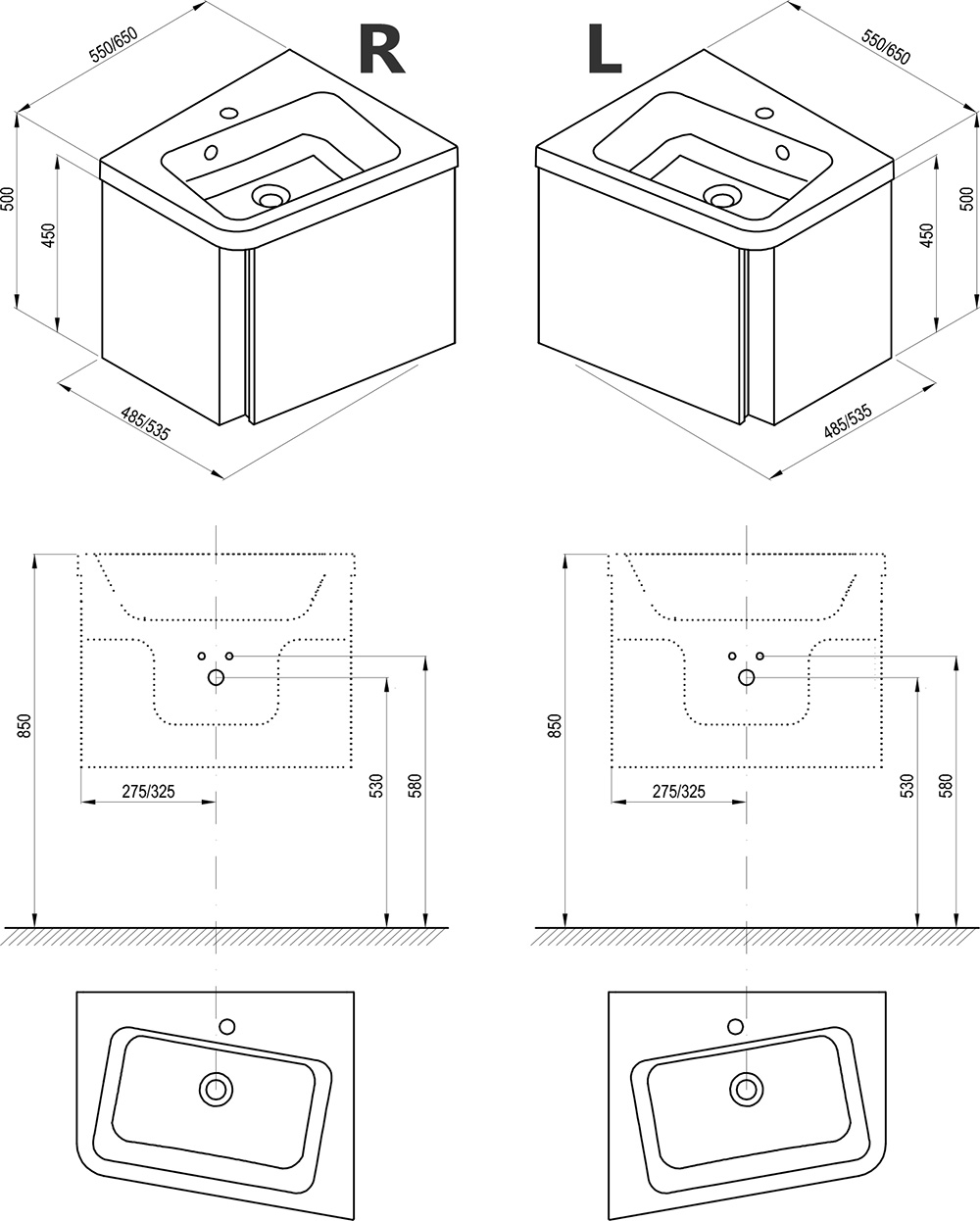 Armoire sous lavabo d'angle 10°