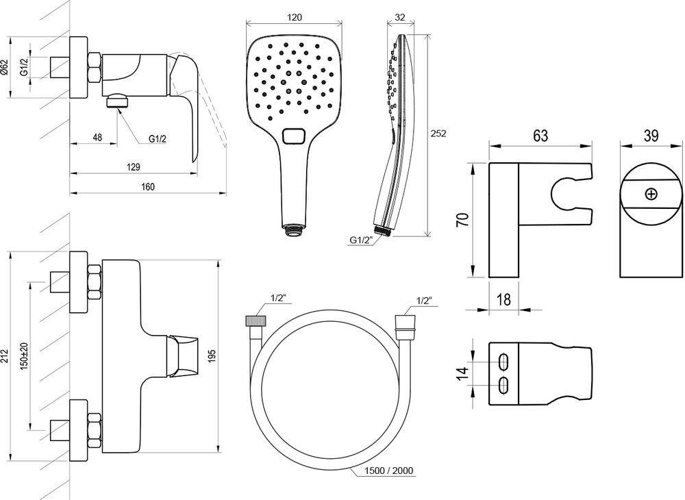 Mitigeur mural de douche Flat FL 032 avec set de douche