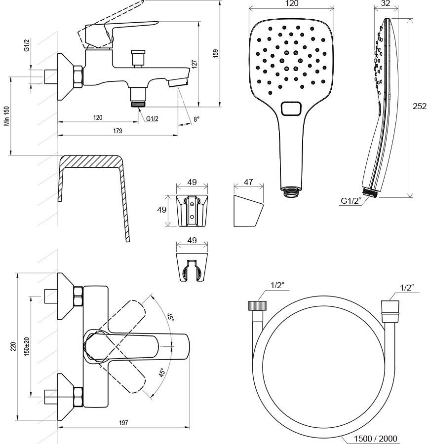 Mitigeur mural de baignoire Life LF 022 avec set de douche