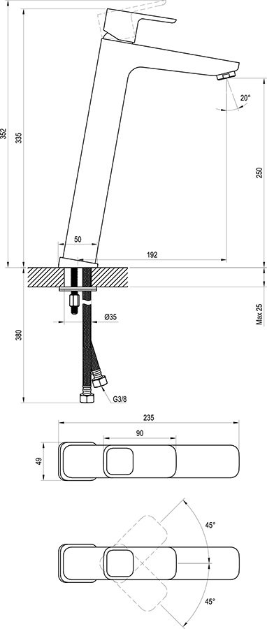 Mitigeur pour lavabo sur pied 334 mm, sans bonde