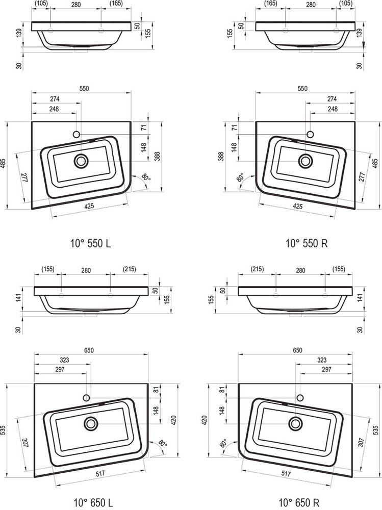 Lavabo d'angle 10°