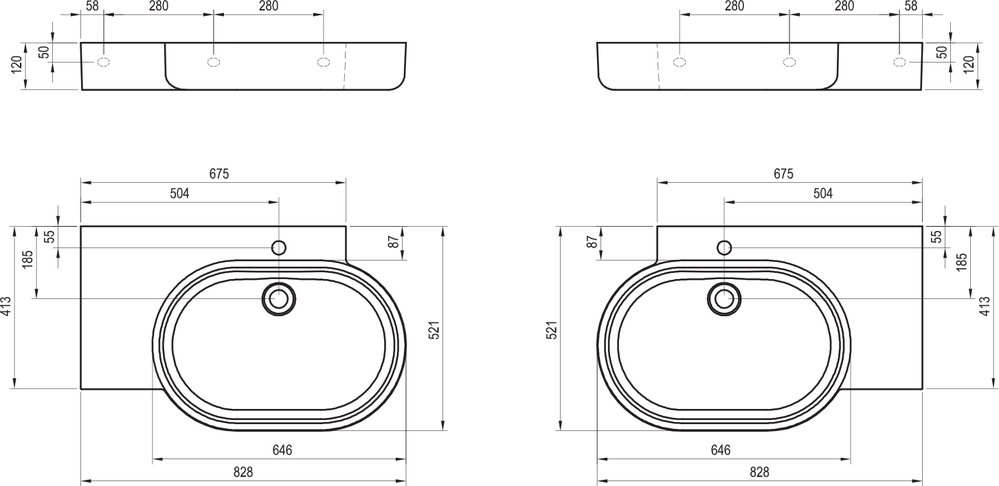 Lavabo ARC 83/65 G/D, avec trou pour la robinetterie